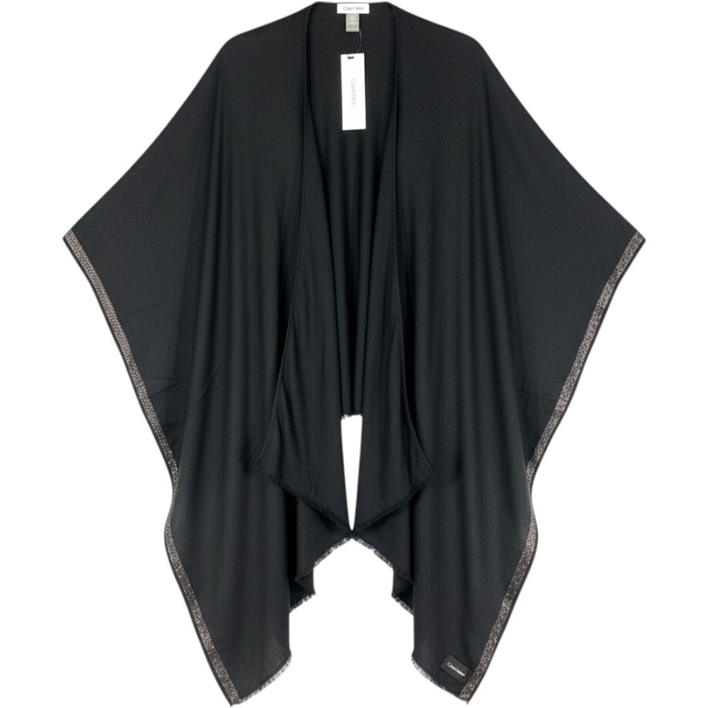 Calvin Klein Wrap Fringe Cape Shawl Women OS Black One Size Lightweight Knit NWT